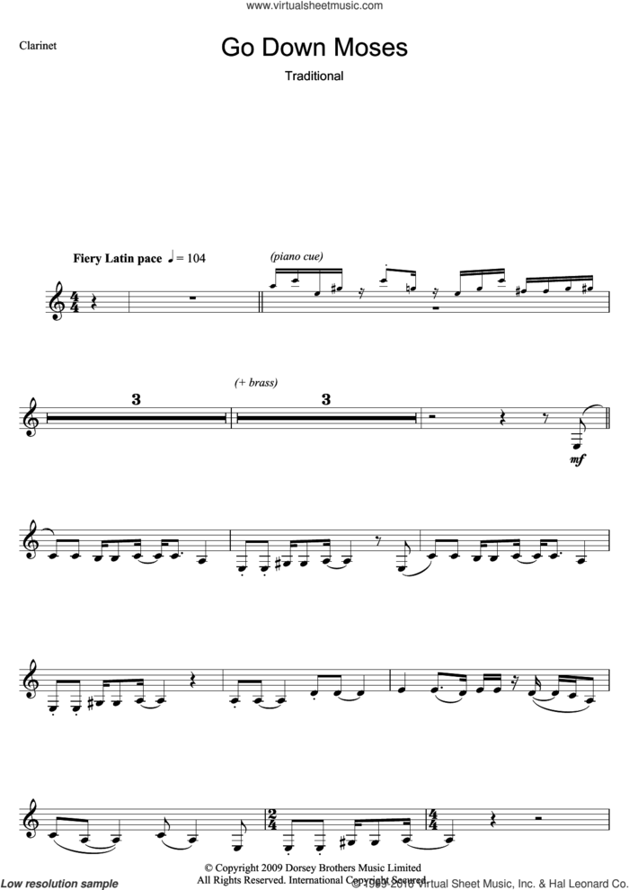 Go Down Moses sheet music for clarinet solo, intermediate skill level