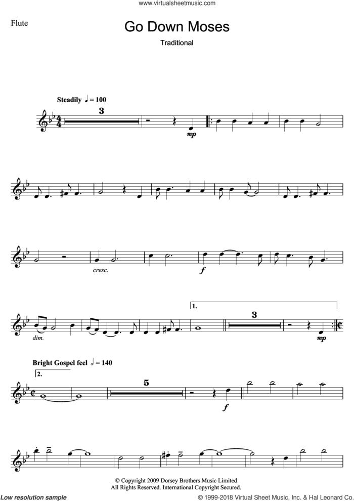 Go Down Moses sheet music for flute solo by The Golden Gate Quartet and Miscellaneous, intermediate skill level