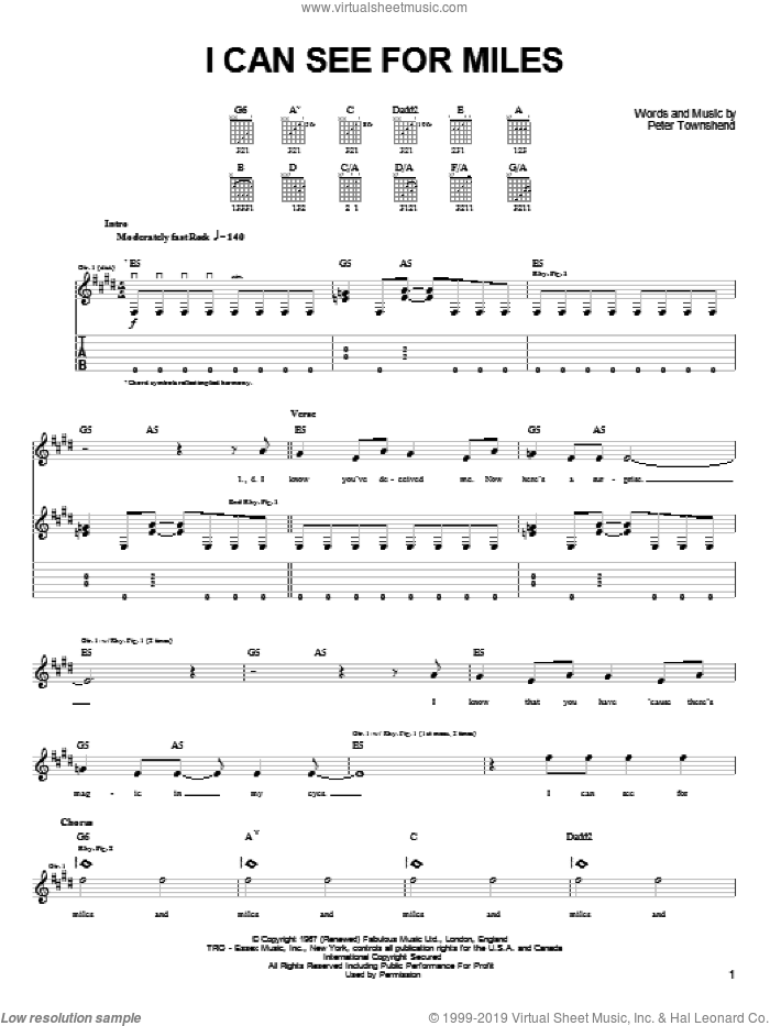 I Can See For Miles sheet music for guitar solo (easy tablature) by The Who and Pete Townshend, easy guitar (easy tablature)