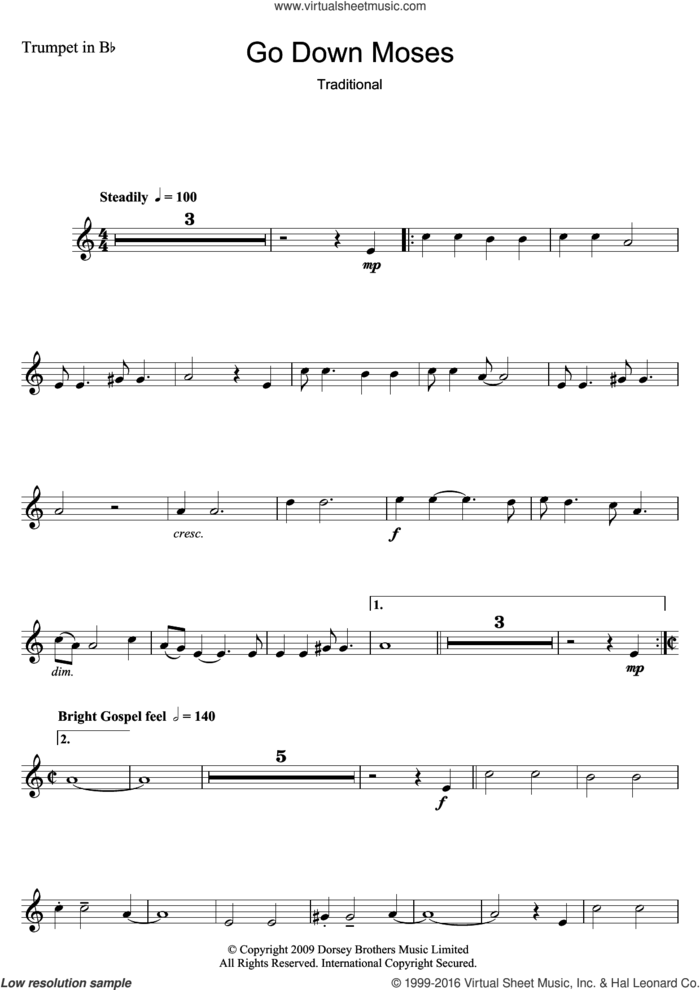 Go Down Moses sheet music for trumpet solo by The Golden Gate Quartet and Miscellaneous, intermediate skill level