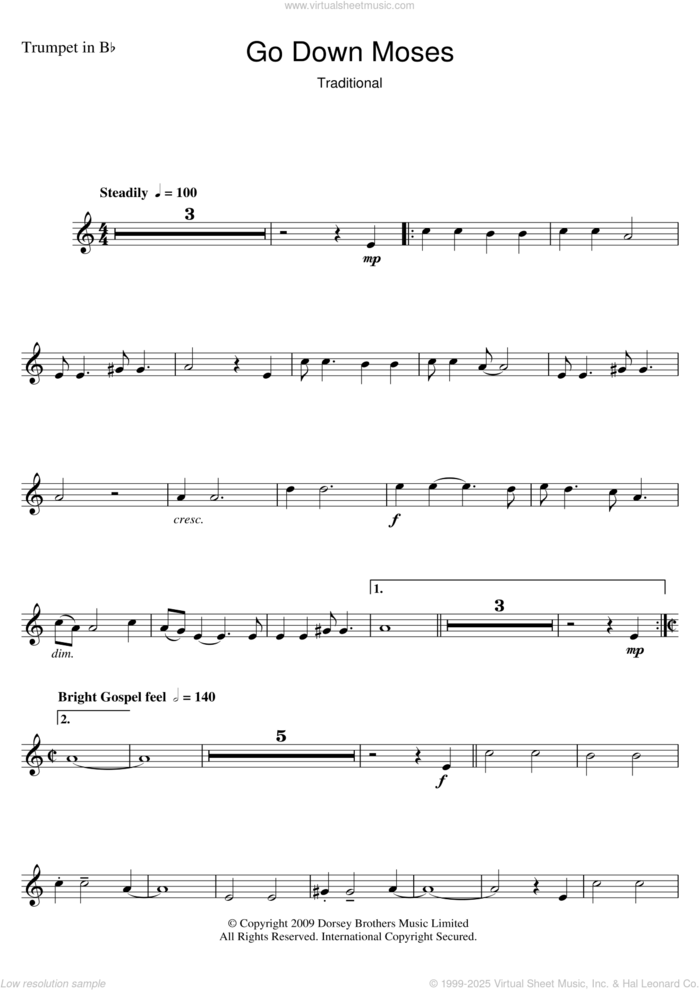 Go Down Moses sheet music for trumpet solo by The Golden Gate Quartet and Miscellaneous, intermediate skill level