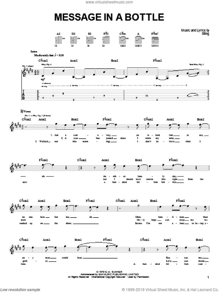 Message In A Bottle sheet music for guitar solo (easy tablature) by The Police and Sting, easy guitar (easy tablature)