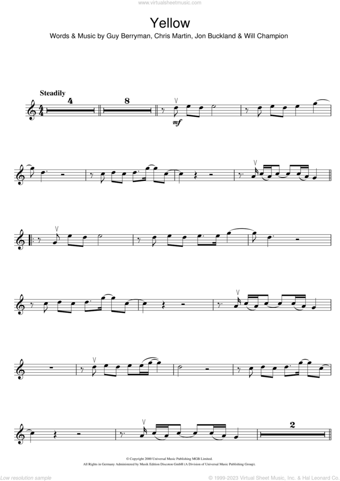 Yellow sheet music for violin solo by Coldplay, Chris Martin, Guy Berryman, Jonny Buckland and Will Champion, intermediate skill level