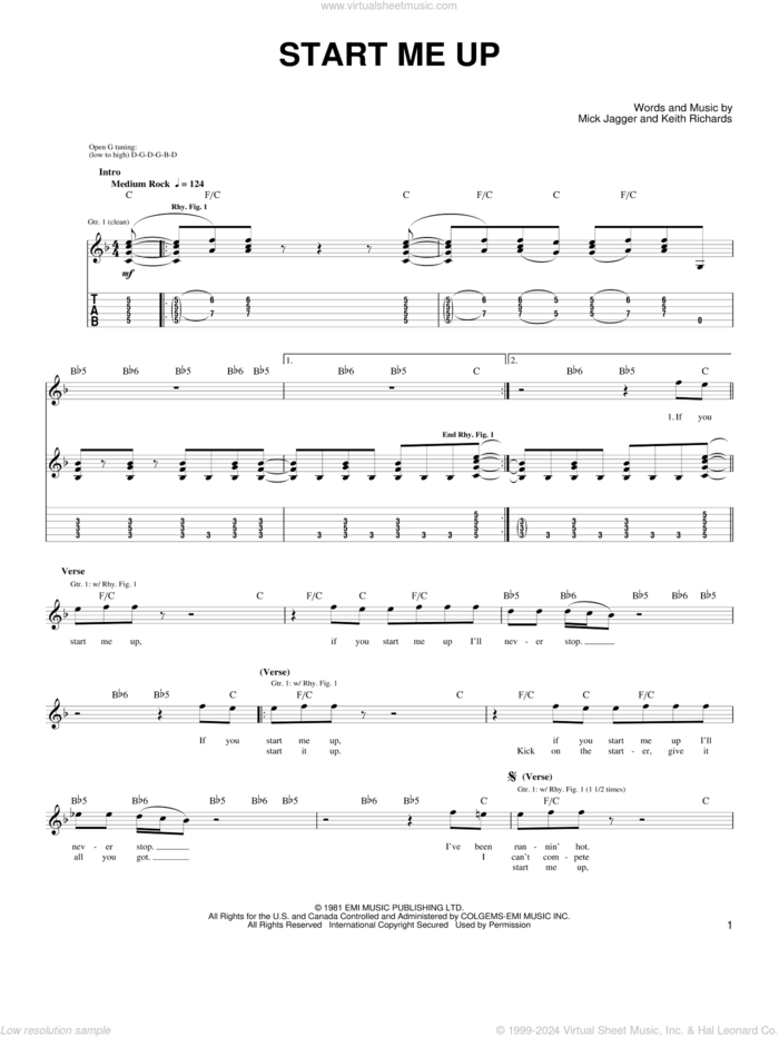 Start Me Up sheet music for guitar solo (easy tablature) by The Rolling Stones, Keith Richards and Mick Jagger, easy guitar (easy tablature)