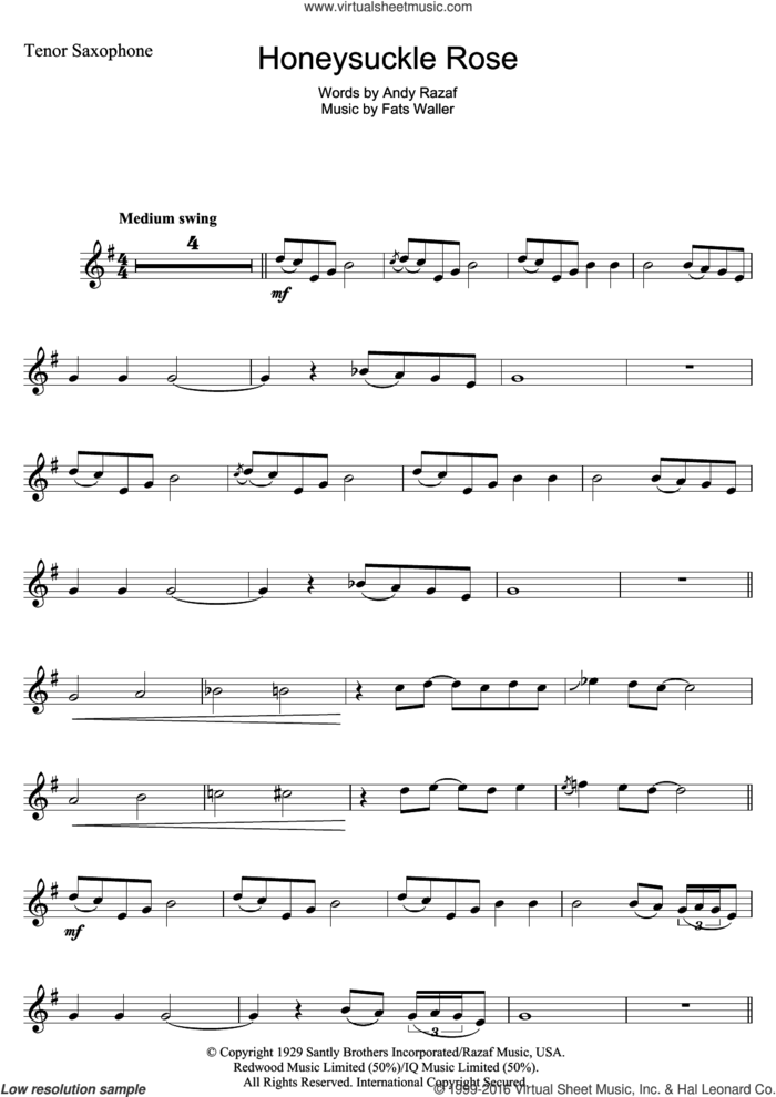 Honeysuckle Rose sheet music for tenor saxophone solo by Andy Razaf and Thomas Waller, intermediate skill level