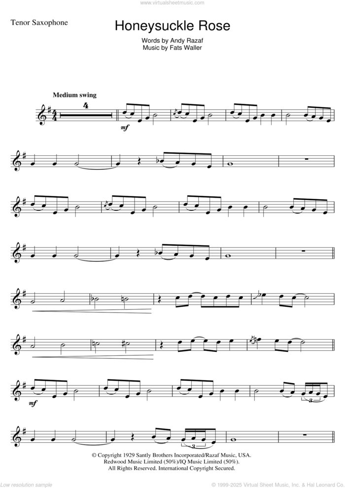 Honeysuckle Rose sheet music for tenor saxophone solo by Andy Razaf and Thomas Waller, intermediate skill level