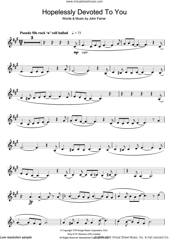 Hopelessly Devoted To You (from Grease) sheet music for clarinet solo by Olivia Newton-John and John Farrar, intermediate skill level