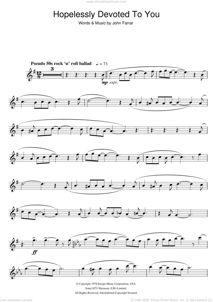 Hopelessly Devoted To You (from Grease) sheet music for flute solo by Olivia Newton-John and John Farrar, intermediate skill level