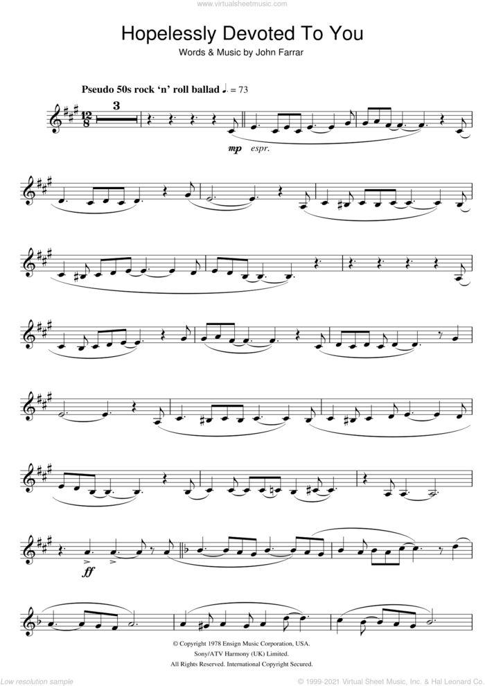 Hopelessly Devoted To You (from Grease) sheet music for trumpet solo by Olivia Newton-John and John Farrar, intermediate skill level