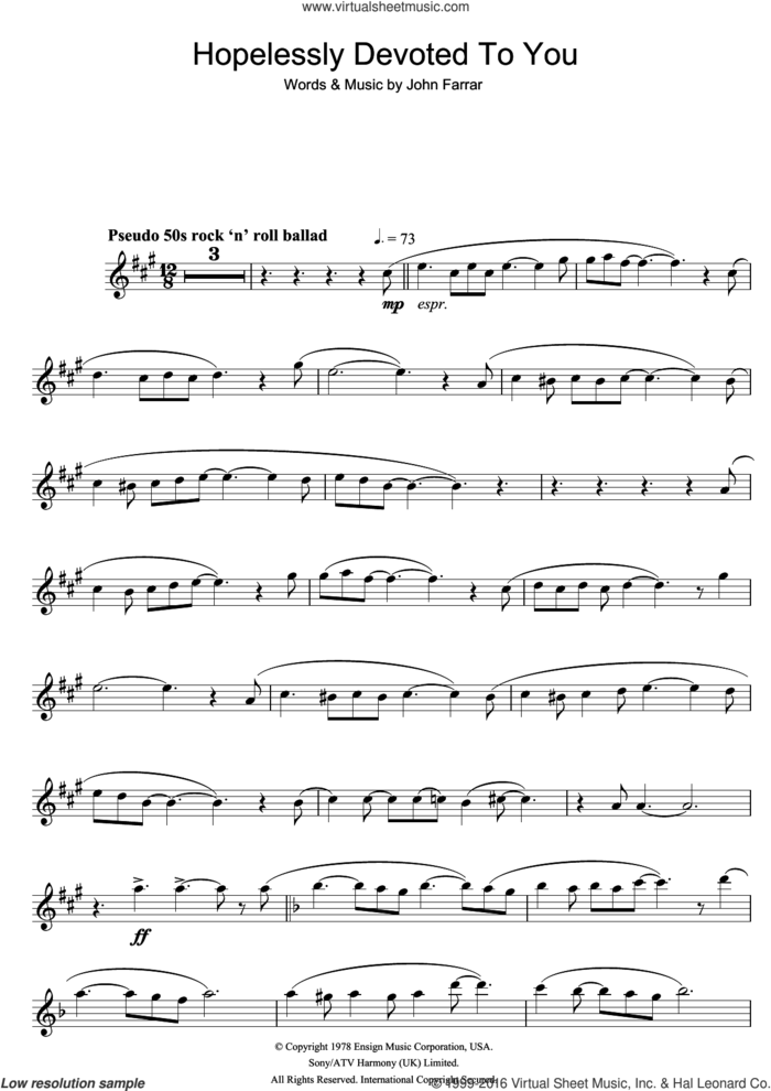 Hopelessly Devoted To You (from Grease) sheet music for tenor saxophone solo by Olivia Newton-John and John Farrar, intermediate skill level