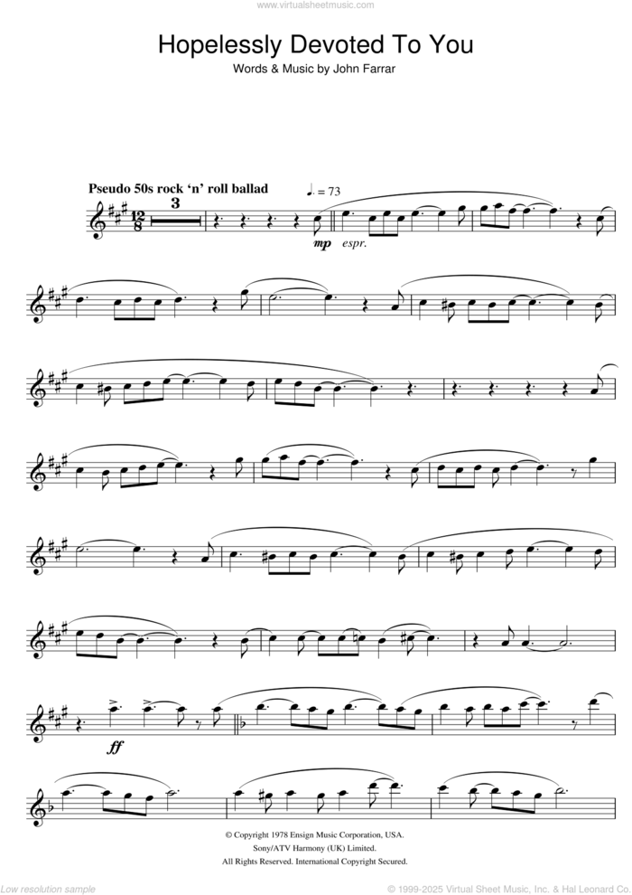 Hopelessly Devoted To You (from Grease) sheet music for tenor saxophone solo by Olivia Newton-John and John Farrar, intermediate skill level