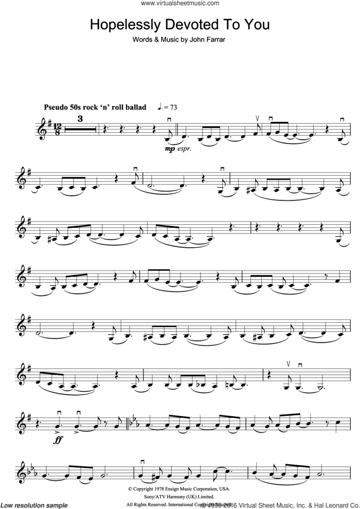 Hopelessly Devoted To You (from Grease) sheet music for violin solo by Olivia Newton-John and John Farrar, intermediate skill level