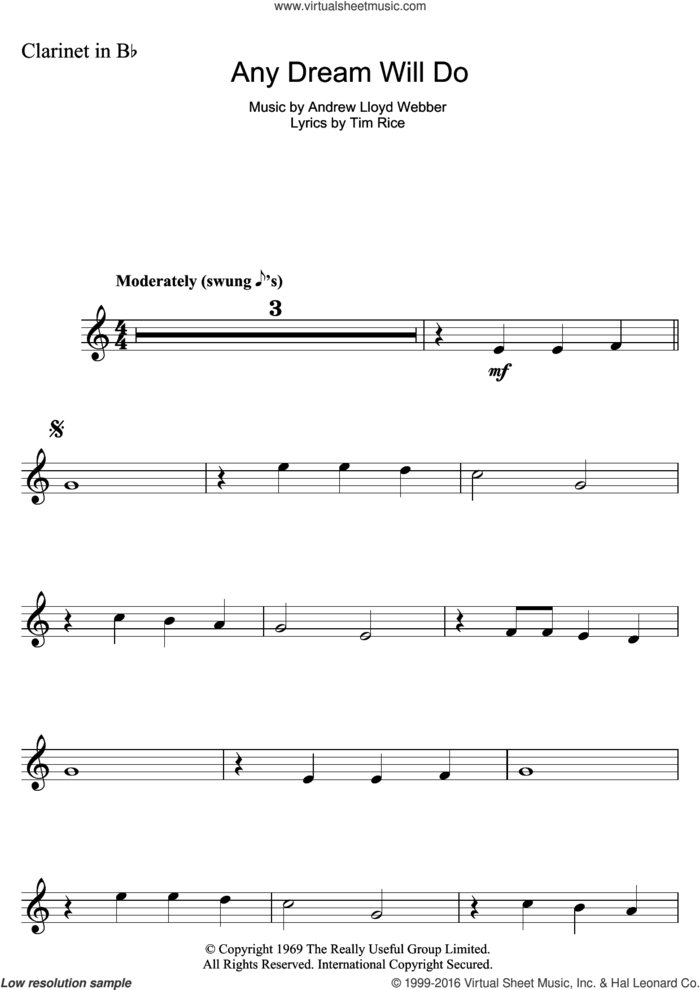 Any Dream Will Do (from Joseph And The Amazing Technicolor Dreamcoat) sheet music for clarinet solo by Andrew Lloyd Webber and Tim Rice, intermediate skill level