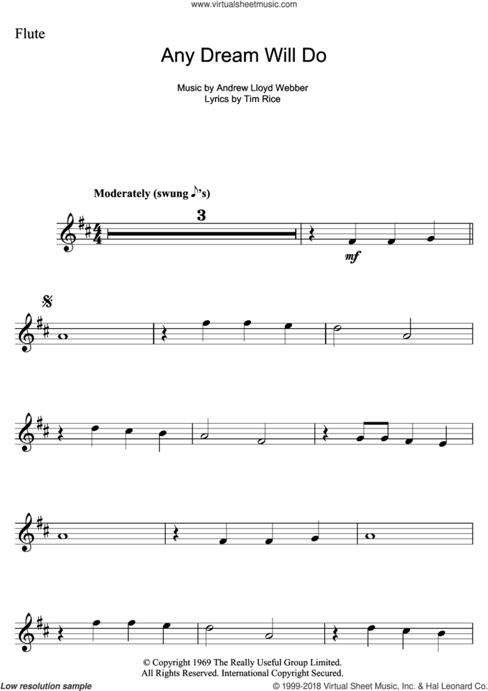 Any Dream Will Do (from Joseph And The Amazing Technicolor Dreamcoat) sheet music for flute solo by Andrew Lloyd Webber and Tim Rice, intermediate skill level