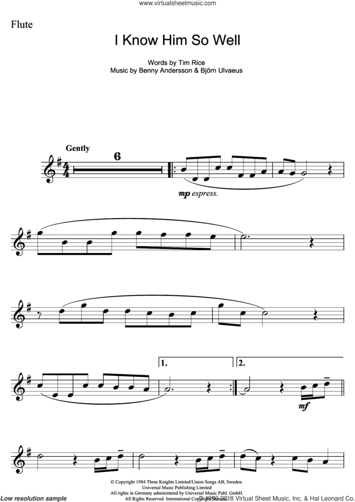 I Know Him So Well (from Chess) sheet music for flute solo by Elaine Paige, Benny Andersson, Benny Andersson and Tim Rice and Bjorn Ulvaeus, Bjorn Ulvaeus and Tim Rice, intermediate skill level