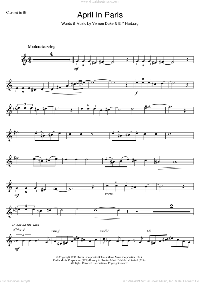 April In Paris sheet music for clarinet solo by Count Basie, E.Y. Harburg and Vernon Duke, intermediate skill level