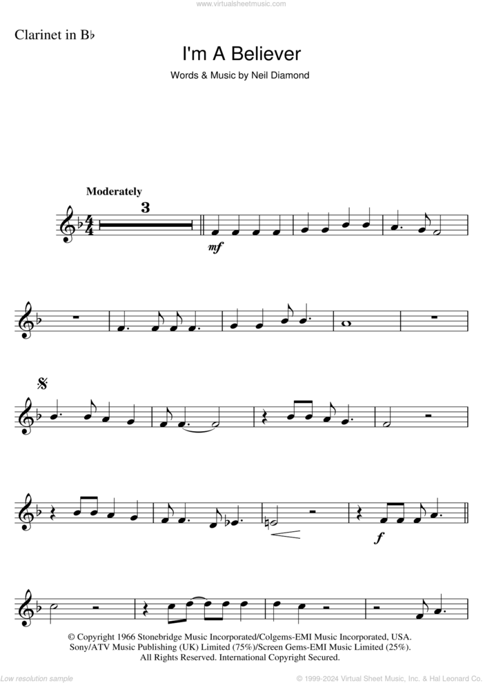 I'm A Believer sheet music for clarinet solo by Neil Diamond and The Monkees, intermediate skill level