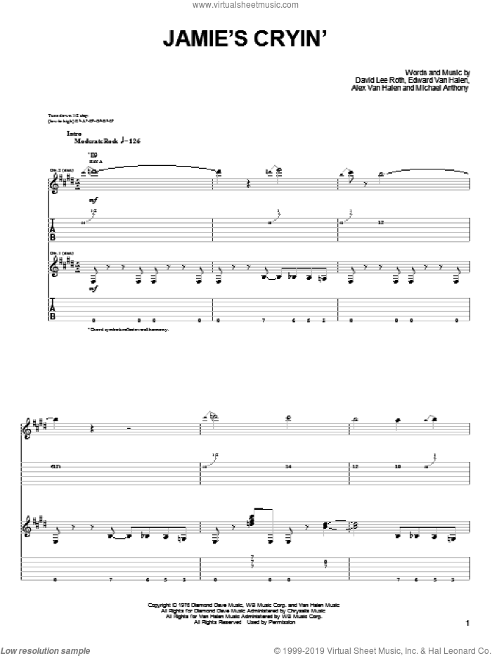 Jamie's Cryin' sheet music for guitar solo (easy tablature) by Edward Van Halen, Alex Van Halen, David Lee Roth and Michael Anthony, easy guitar (easy tablature)