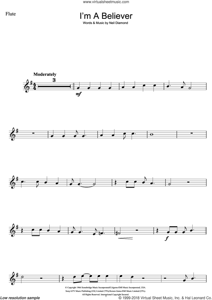 I'm A Believer sheet music for flute solo by Neil Diamond and The Monkees, intermediate skill level