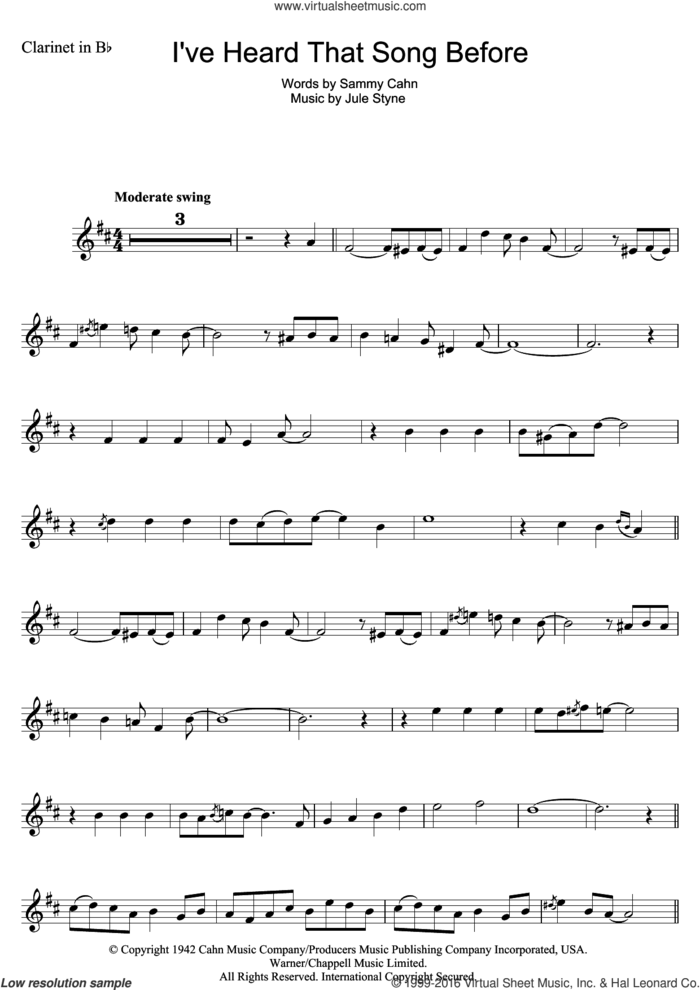 I've Heard That Song Before sheet music for clarinet solo by Harry James, Jule Styne and Sammy Cahn, intermediate skill level