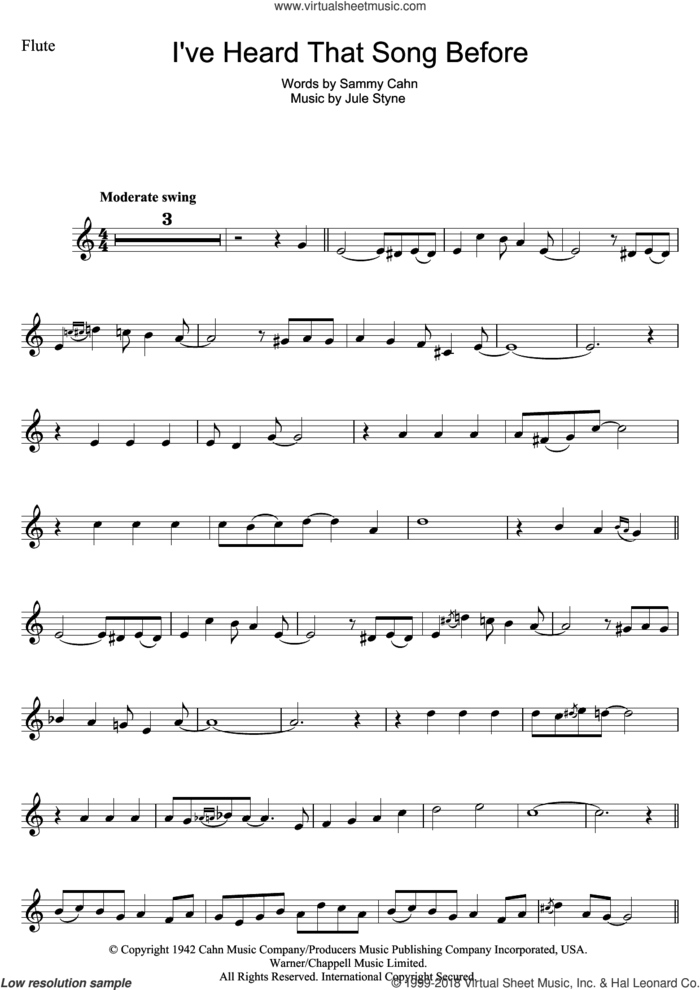 I've Heard That Song Before sheet music for flute solo by Harry James, Jule Styne and Sammy Cahn, intermediate skill level