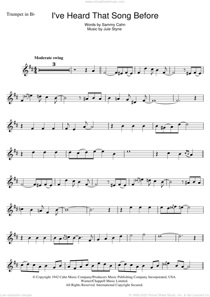 I've Heard That Song Before sheet music for trumpet solo by Harry James, Jule Styne and Sammy Cahn, intermediate skill level