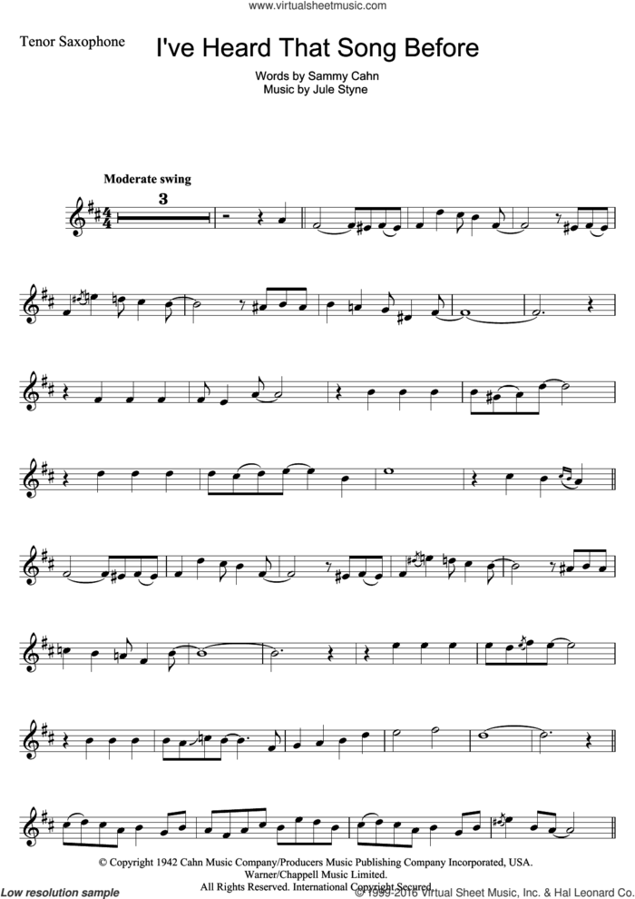 I've Heard That Song Before sheet music for tenor saxophone solo by Harry James, Jule Styne and Sammy Cahn, intermediate skill level