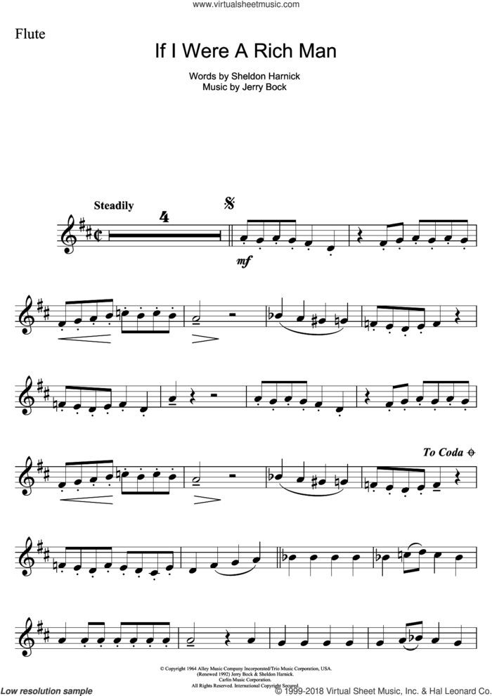If I Were A Rich Man (from Fiddler On The Roof) sheet music for flute solo by Bock & Harnick, Fiddler On The Roof, Jerry Bock and Sheldon Harnick, intermediate skill level