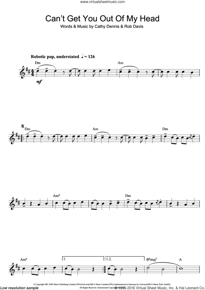 Can't Get You Out Of My Head sheet music for saxophone solo by Kylie Minogue, Cathy Dennis and Rob Davis, intermediate skill level