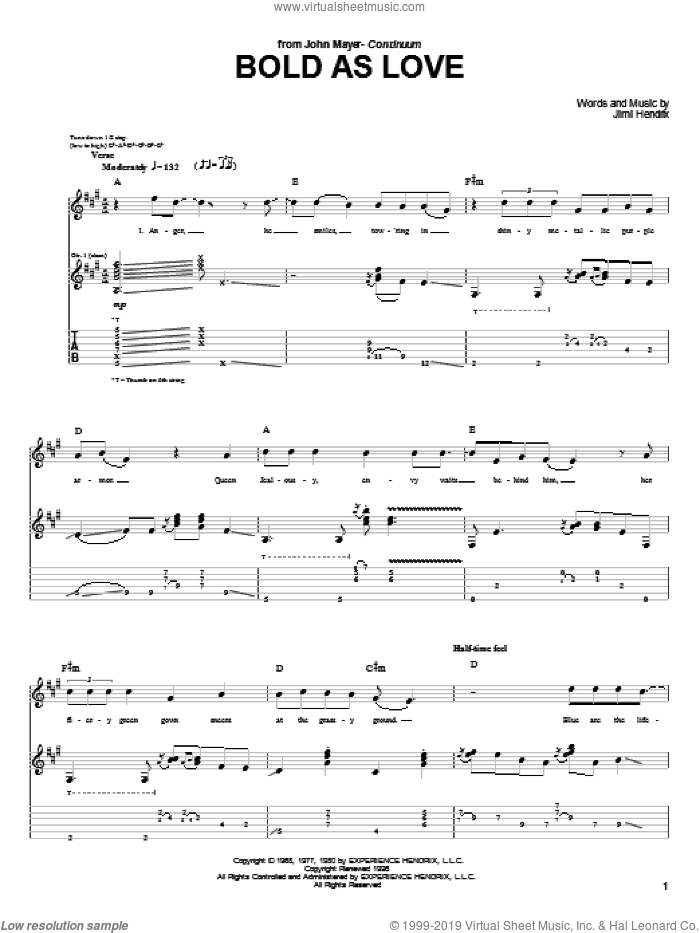 Bold As Love sheet music for guitar (tablature) by John Mayer and Jimi Hendrix, intermediate skill level