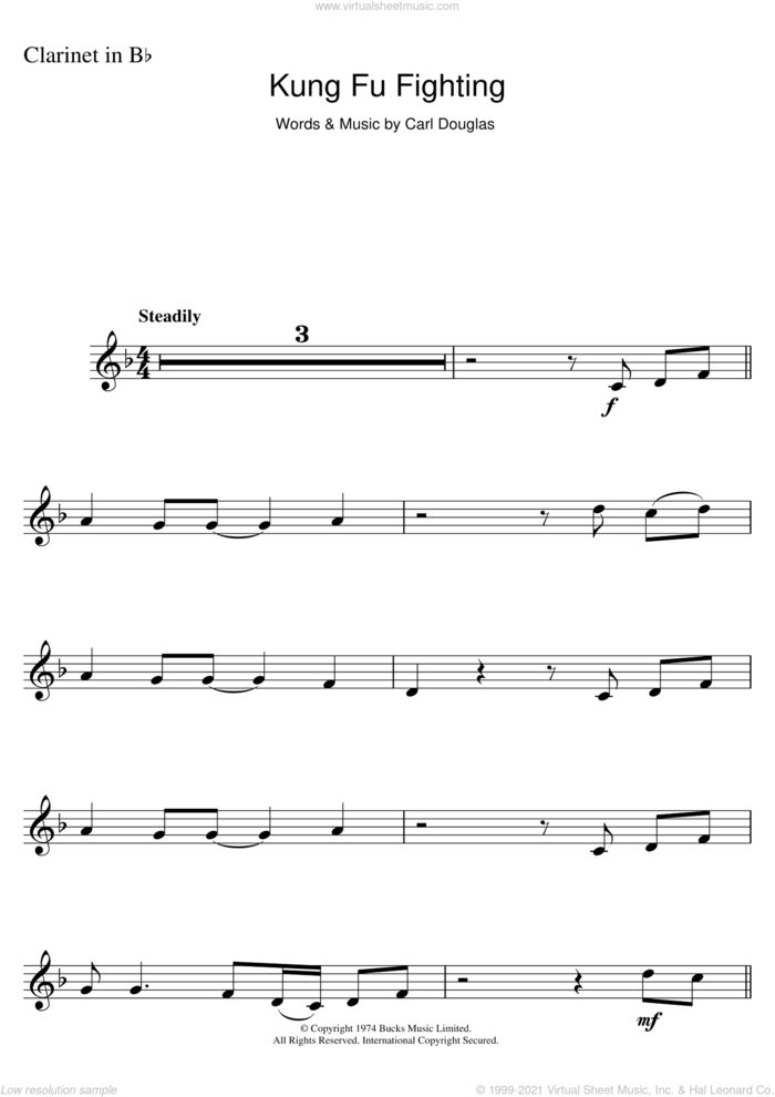 Kung Fu Fighting sheet music for clarinet solo by Carl Douglas, intermediate skill level
