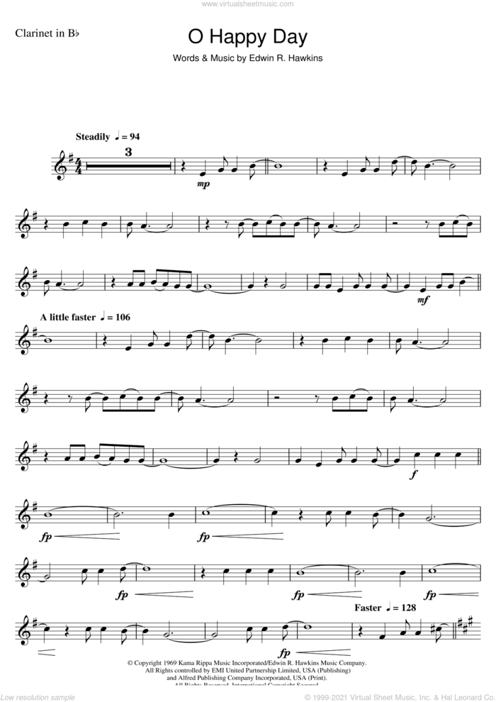 Oh Happy Day sheet music for clarinet solo by The Edwin Hawkins Singers and Edwin R. Hawkins, intermediate skill level