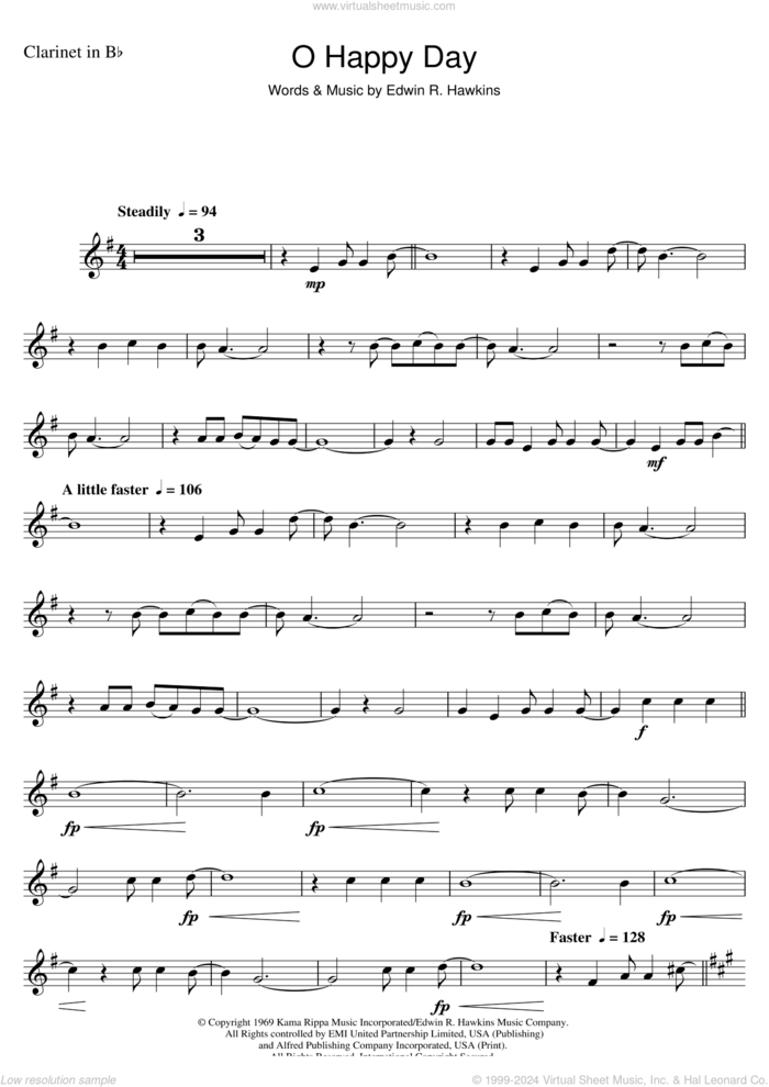 Oh Happy Day sheet music for clarinet solo by The Edwin Hawkins Singers and Edwin R. Hawkins, intermediate skill level