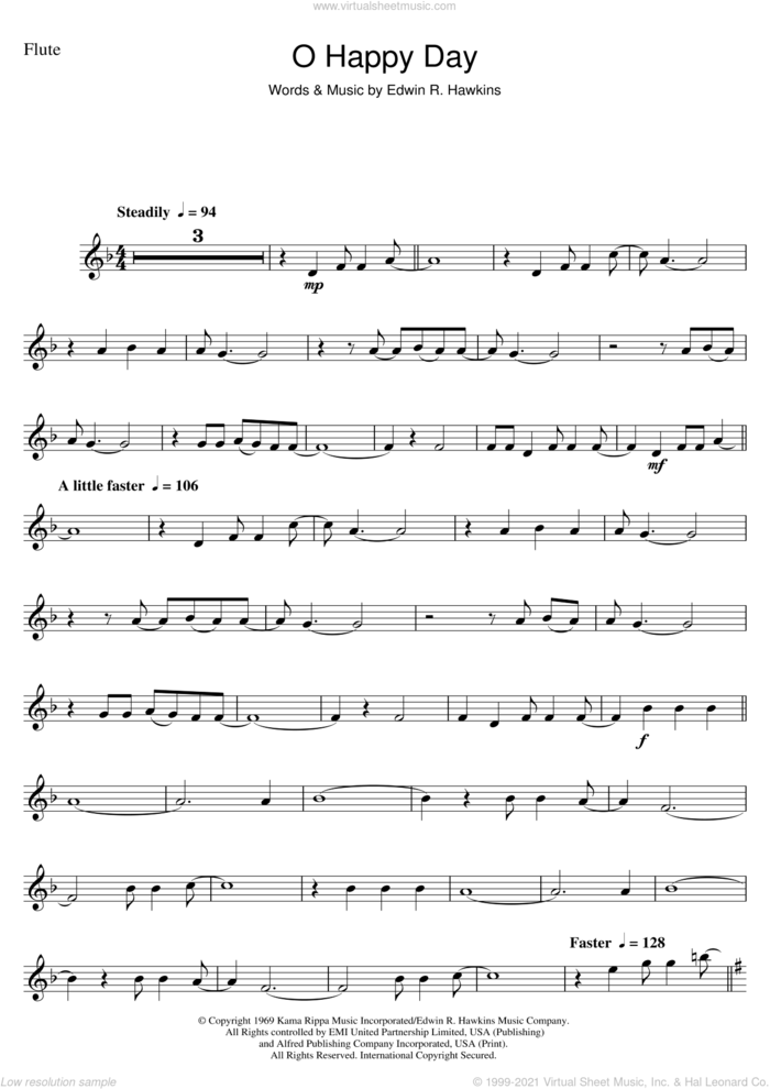 Oh Happy Day sheet music for flute solo by The Edwin Hawkins Singers and Edwin R. Hawkins, intermediate skill level