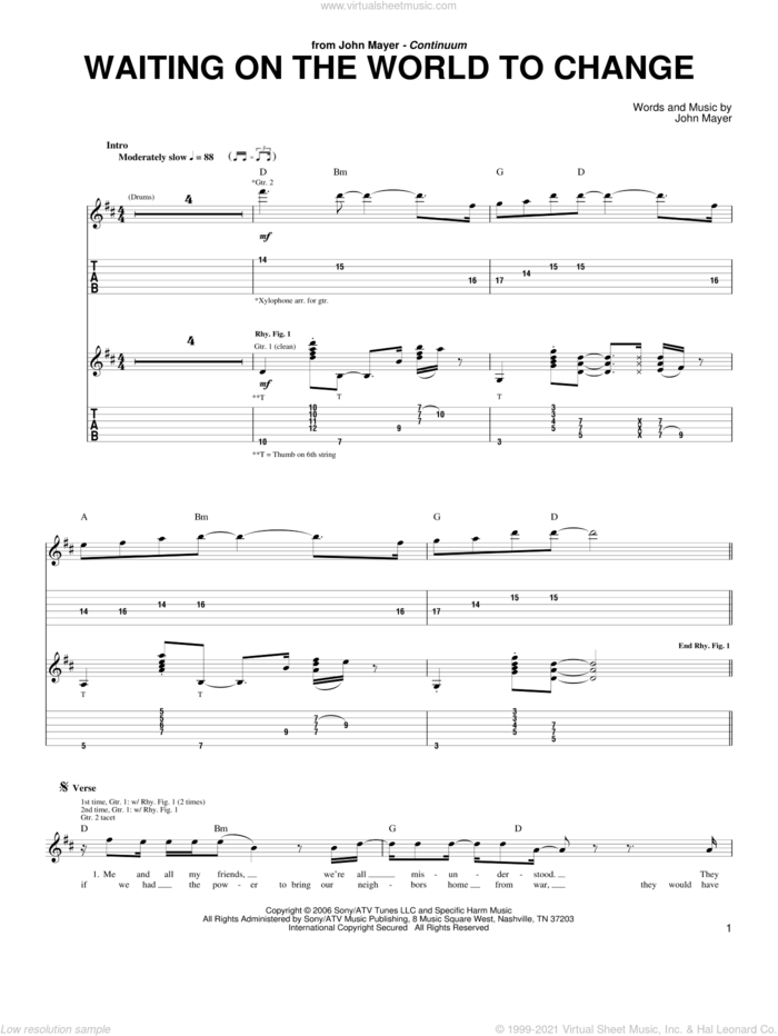Waiting On The World To Change sheet music for guitar (tablature) by John Mayer, intermediate skill level