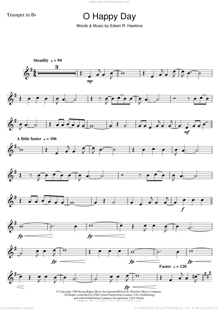 Oh Happy Day sheet music for trumpet solo by The Edwin Hawkins Singers and Edwin R. Hawkins, intermediate skill level