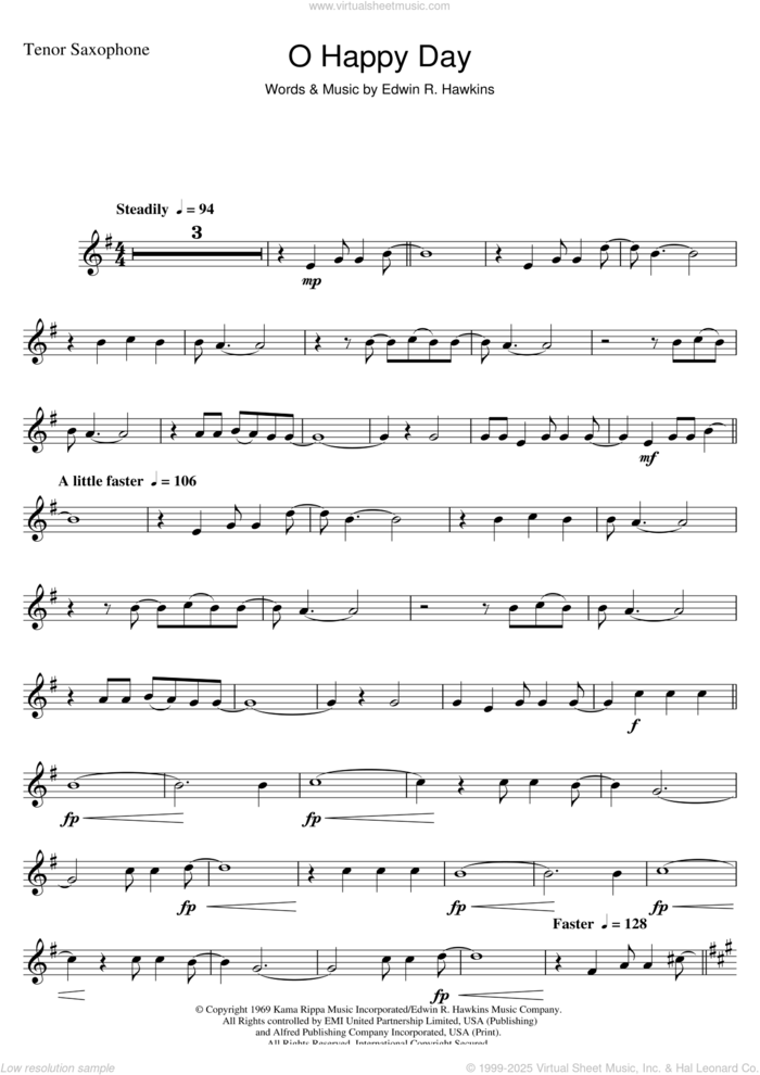 Oh Happy Day sheet music for tenor saxophone solo by The Edwin Hawkins Singers and Edwin R. Hawkins, intermediate skill level