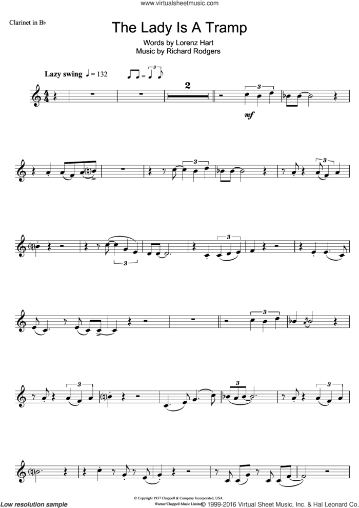 The Lady Is A Tramp sheet music for clarinet solo by Frank Sinatra, Lorenz Hart and Richard Rodgers, intermediate skill level