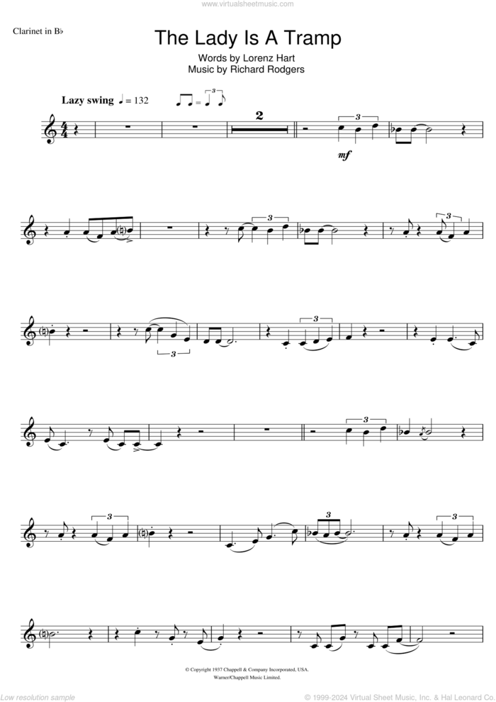 The Lady Is A Tramp sheet music for clarinet solo by Frank Sinatra, Lorenz Hart and Richard Rodgers, intermediate skill level