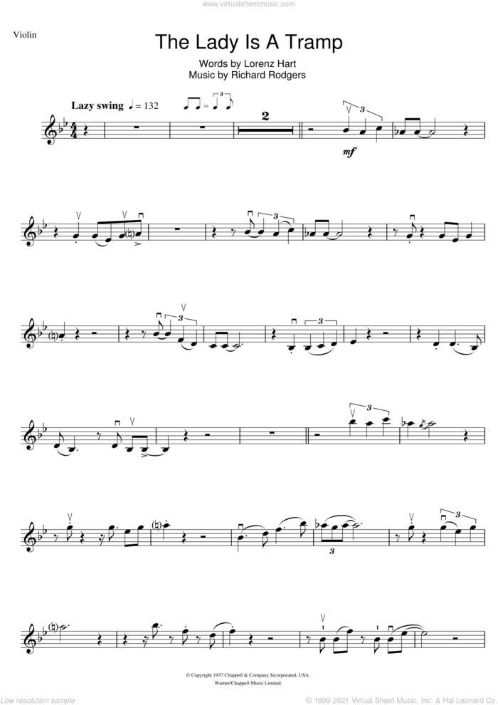 The Lady Is A Tramp sheet music for violin solo by Frank Sinatra, Lorenz Hart and Richard Rodgers, intermediate skill level