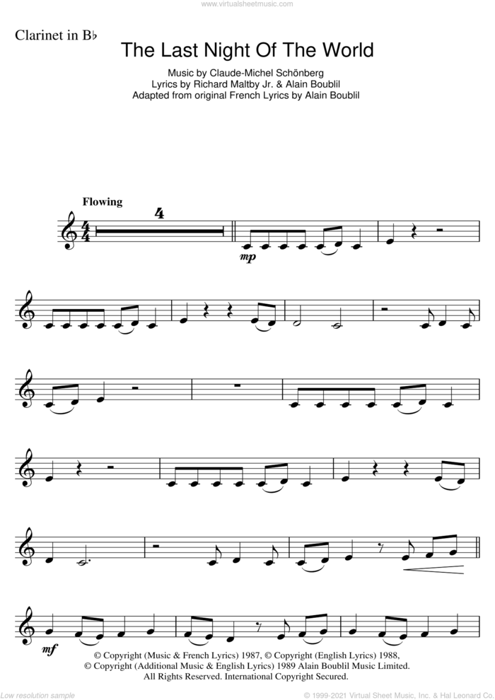 The Last Night Of The World (from Miss Saigon) sheet music for clarinet solo by Claude-Michel Schonberg, Alain Boublil and Richard Maltby, Jr., intermediate skill level