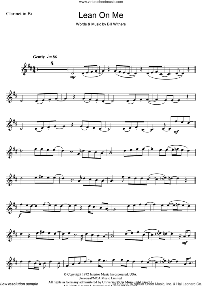 Lean On Me sheet music for clarinet solo by Bill Withers, intermediate skill level
