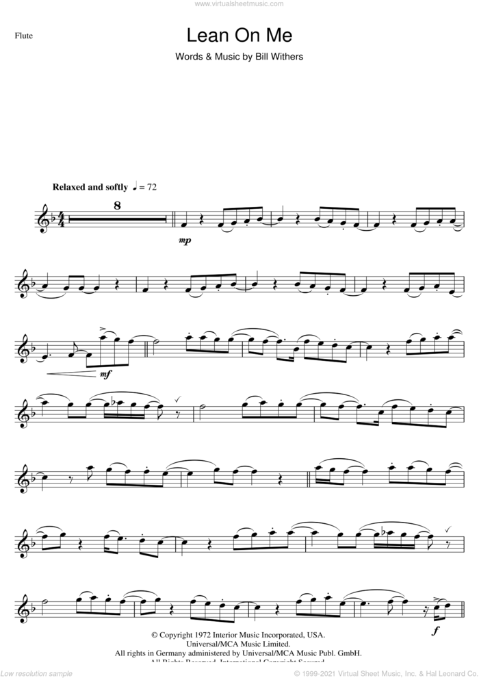 Lean On Me sheet music for flute solo by Bill Withers, intermediate skill level