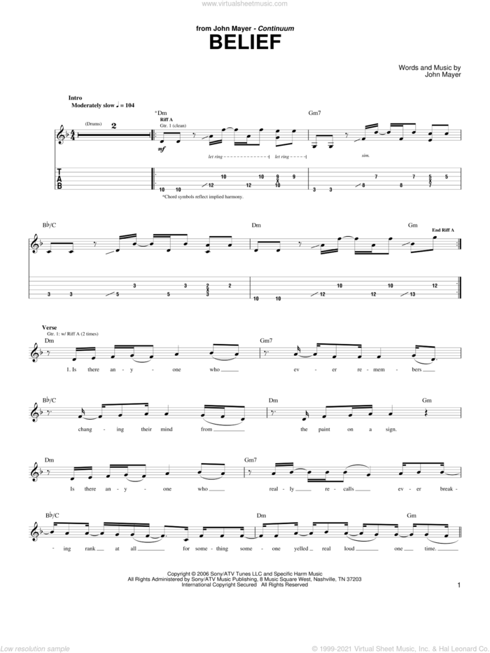 Belief sheet music for guitar (tablature) by John Mayer, intermediate skill level