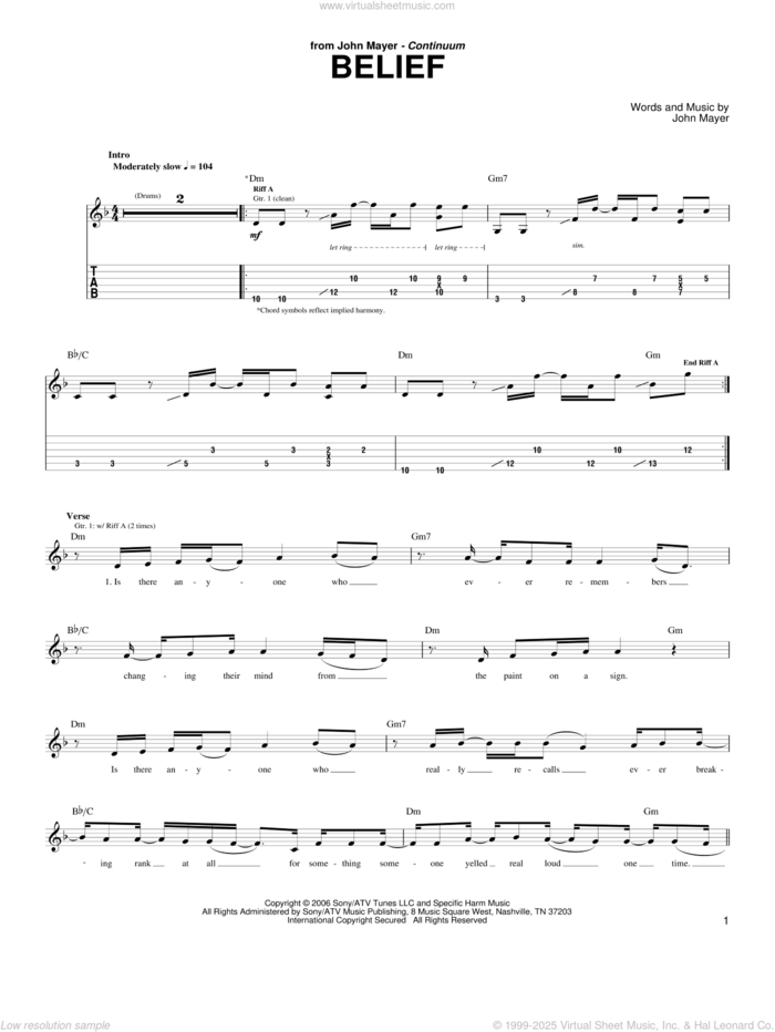 Belief sheet music for guitar (tablature) by John Mayer, intermediate skill level