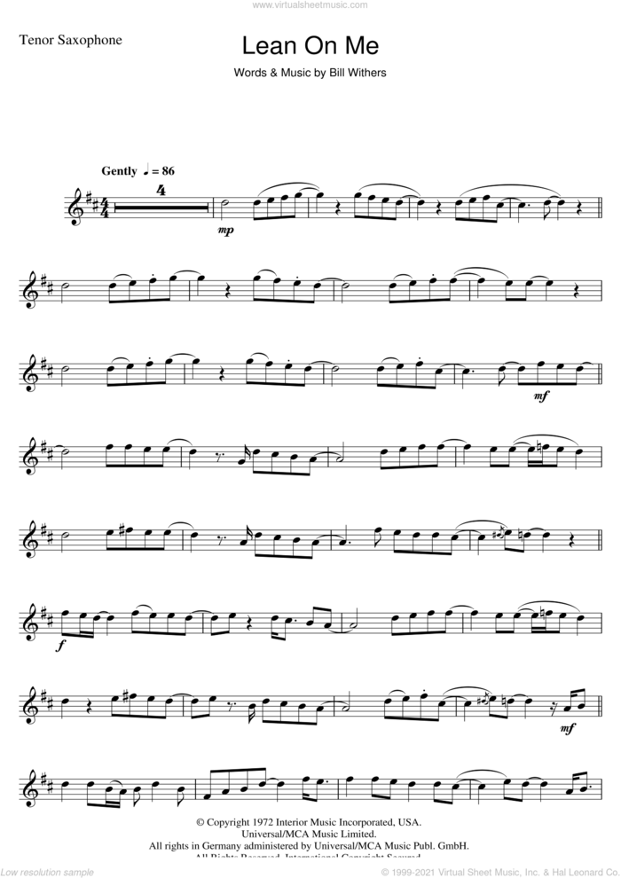 Lean On Me sheet music for tenor saxophone solo by Bill Withers, intermediate skill level