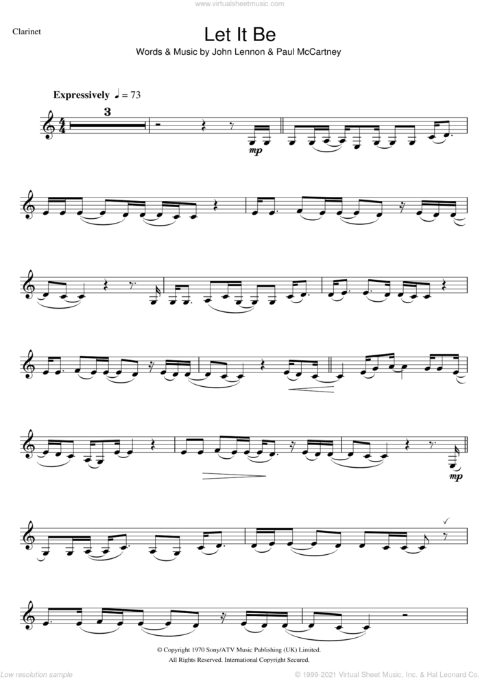 Let It Be sheet music for clarinet solo by The Beatles, John Lennon and Paul McCartney, intermediate skill level
