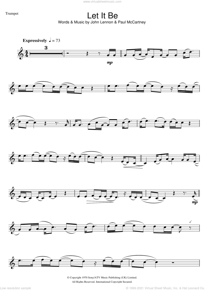 Let It Be sheet music for trumpet solo by The Beatles, John Lennon and Paul McCartney, intermediate skill level