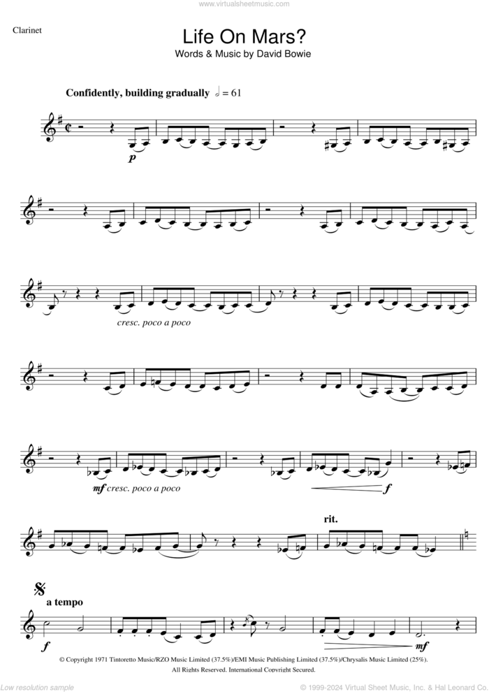 Life On Mars? sheet music for clarinet solo by David Bowie, intermediate skill level