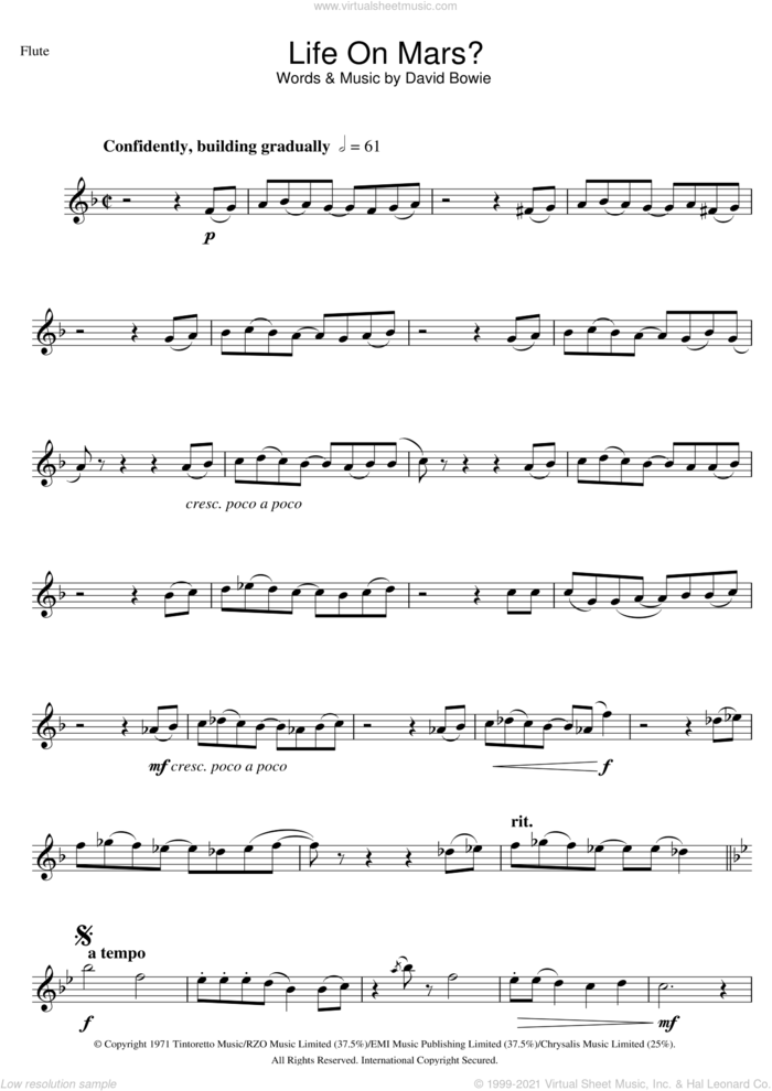 Life On Mars? sheet music for flute solo by David Bowie, intermediate skill level